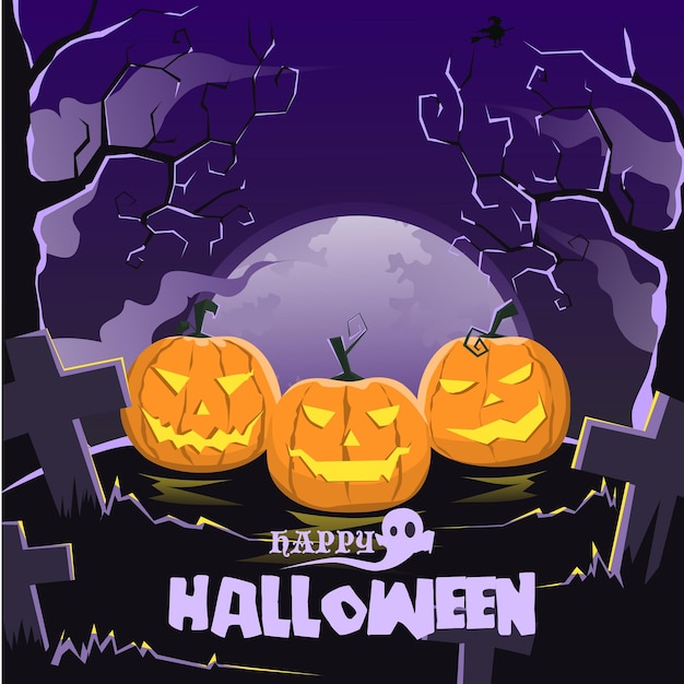 Vector happy halloween night background scary pumpkin jack o lantaarn op de begraafplaats onder volle maan