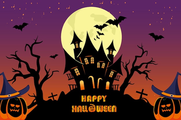 Happy Halloween night background with castle. vector illustration