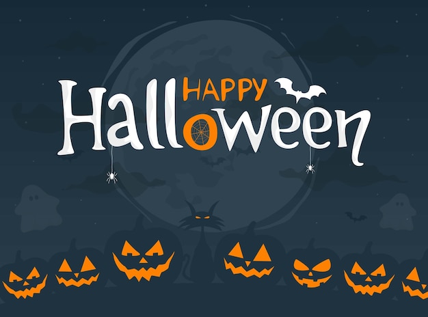 Happy halloween night background with moon scary pumpkins and text vector illustration