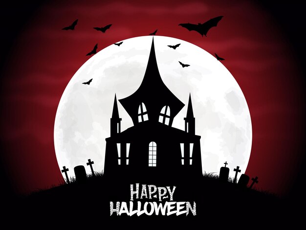 Happy halloween night background with scary castle, bats and graves vector