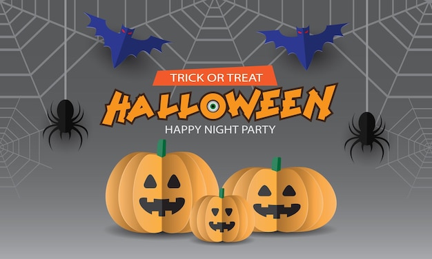 Happy halloween night party тыква паук летучая мышь papercut стиль на сером фоне