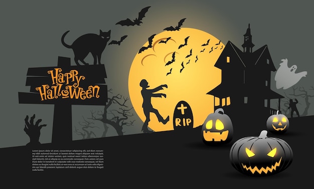 Happy Halloween Night party yellow moon on grey design for holiday festival background vector