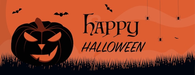 Happy Halloween orange banner with pumpkin and bats