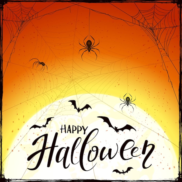 Счастливый Хэллоуин на оранжевом гранж-фоне с пауками и летучими мышами