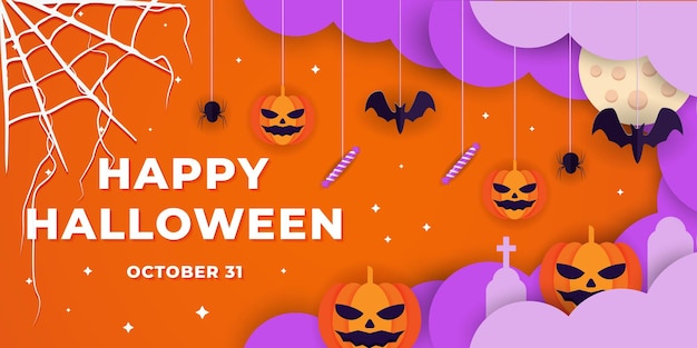 Happy halloween in paper cut art banner illustration