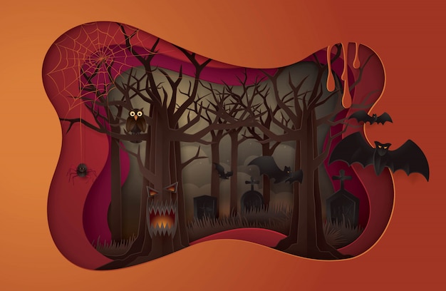 Vector happy halloween party, abstract halloween spooky tree with graveyard