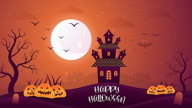 Happy Halloween party background or pumpkins castle banner