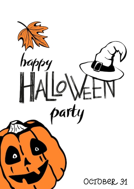 Happy halloween party belettering met handgetekende pompoen, een hoed en een oranje blad poster