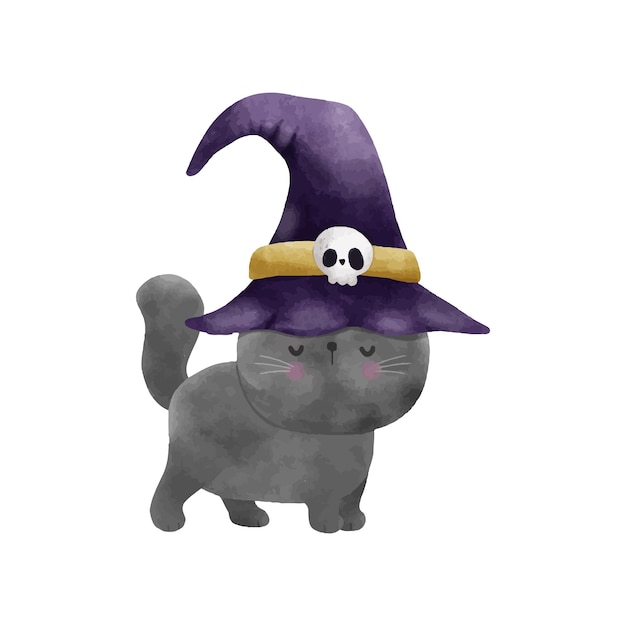 Счастливая Хэллоуинская вечеринка черная кошка в шляпе ведьмы акварель трюк или лечение ручной вектор
