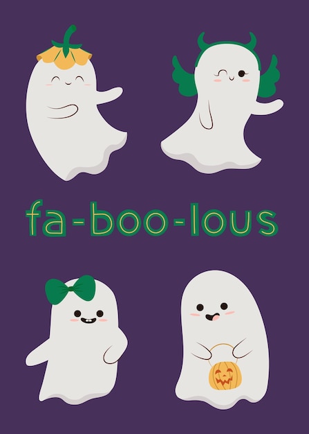 Vector happy halloween party greeting card with cute ghost holidays cartoon character