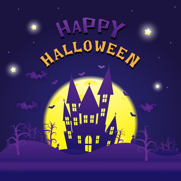 Happy halloween party haunted castle pumpkins head purple and darkness background theme