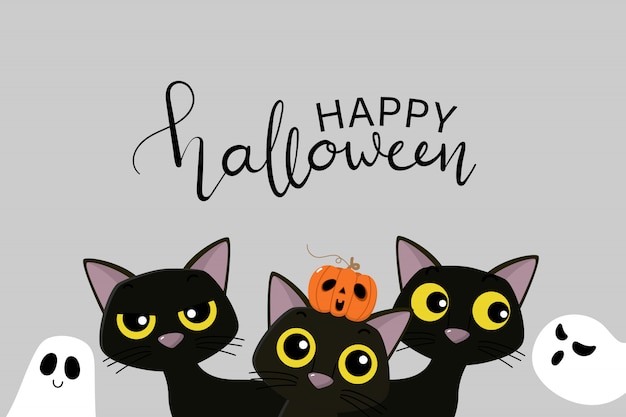 Happy halloween party invitation card with cute black cat, pumpkin and spooky ghost.