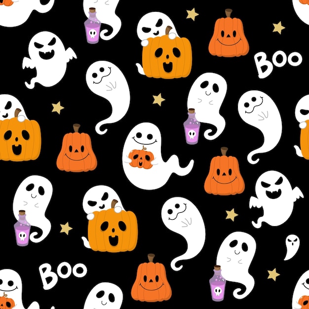 Happy halloween party invitation card with cute ghost and pumpkin