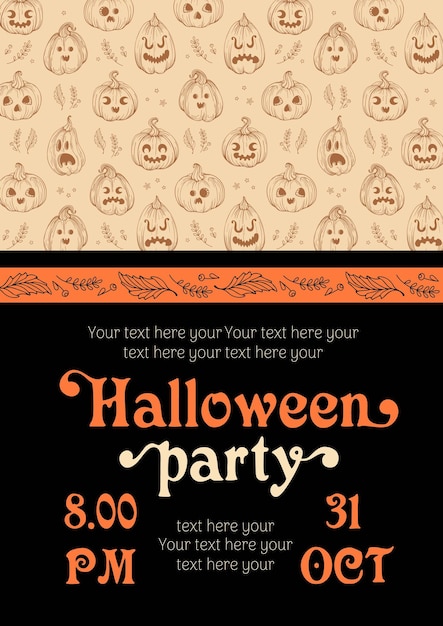 Invito a una festa di halloween felice con jack o lantern modello di lettere vintage zucche in stile disegnato a mano con facce spaventose e divertenti per volantino di banner di cartoline modello cornice