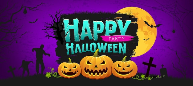 Happy Halloween party pompoen ontwerp banner op nacht paarse achtergrond vector Eps 10 illustratie
