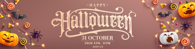 Happy halloween party poster or banner with ghost pumpkin