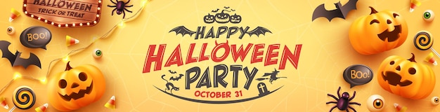 Happy Halloween party Poster or banner with Ghost Pumpkinbatcandy and Halloween Elements