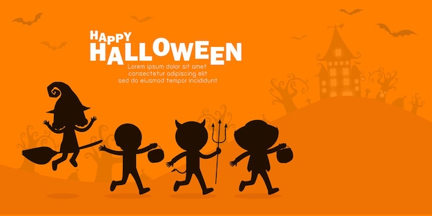 Manifesto del partito di halloween felice, sagoma di bambini carino piccolo gruppo vestito in costume di halloween per andare dolcetto o scherzetto, sfondo banner, modello per brochure pubblicitaria illustrazione