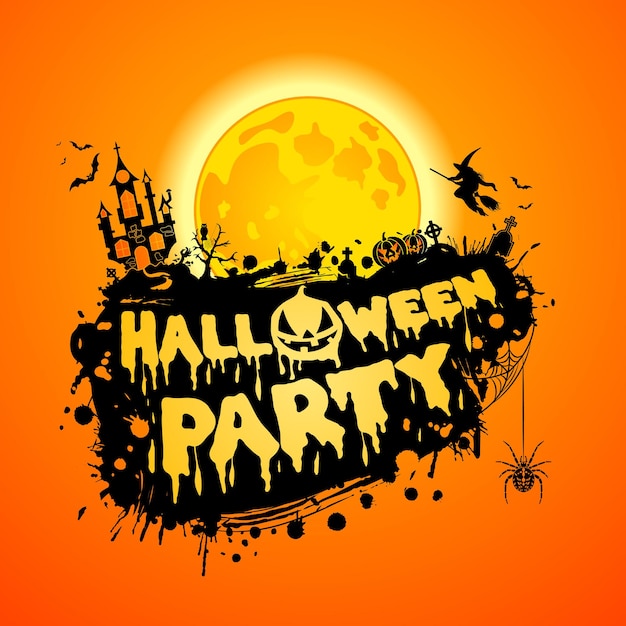 Happy Halloween Party Poster with Castle on Full Moon Background and Halloween Pumpkins. Vector illustration