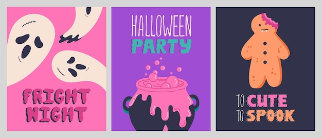 Happy halloween party posters, creepy invitation, greeting cards collection with handwritten calligraphy. hand drawn traditional holiday symbols set, ghosts, cauldron, scary lettering. vector template