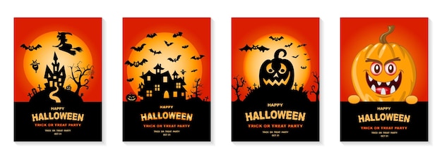 Happy Halloween party posters set Vector illustration Full moon pumpkin castle spiders web