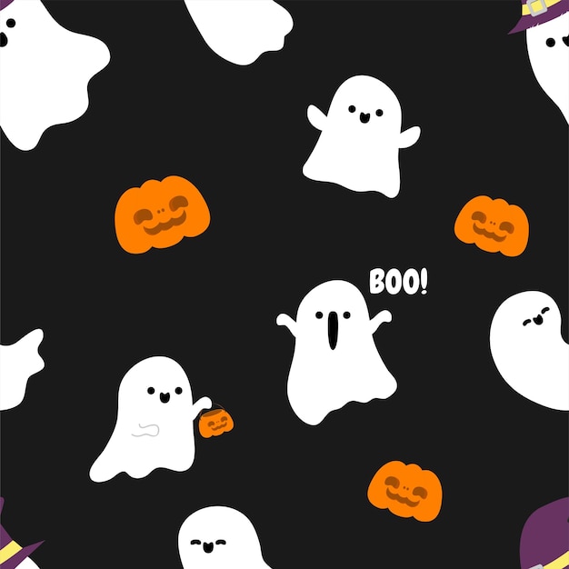 ハッピー ハロウィン パーティー シームレス パターンかわいい幽霊トリックまたは治療背景休日漫画