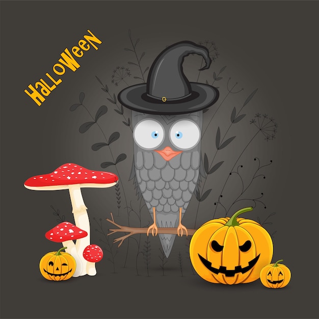 Happy halloween party uitnodigingskaart met pompoen uil slijtage met hoed en spin