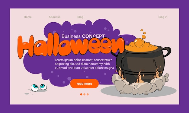 Happy Halloween Party Website Design. Landing Page Template with Symbols of Halloween Celebration