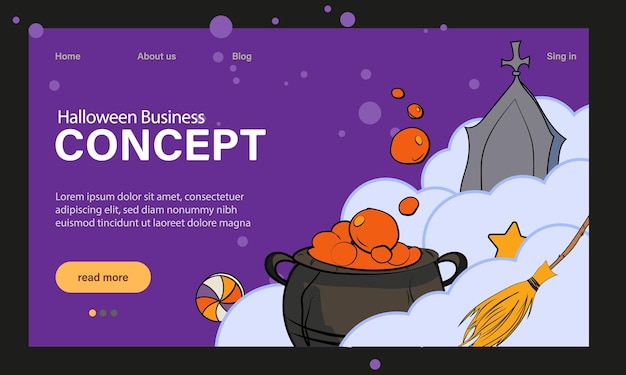 ハッピーハロウィン パーティーのウェブサイトのデザイン。ハロウィーンのお祝いのシンボルを含むランディング ページ テンプレート