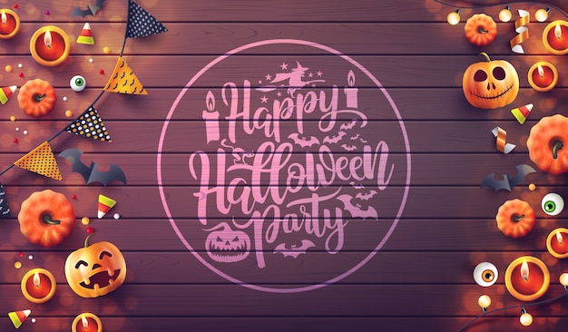 ベクトル キャンドルライト、カボチャ、ウッドの背景にハロウィーンの要素との幸せなハロウィーンパーティー