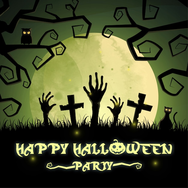 Happy halloween party with graveyard and house