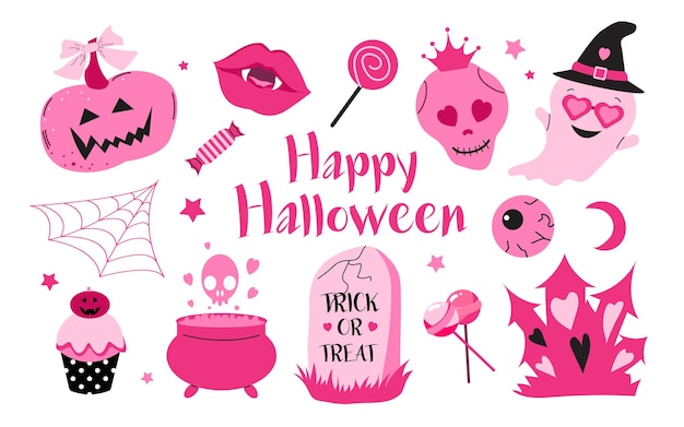 Vector happy halloween pink fashion set pink doll icons in barbiecore style vector illustration