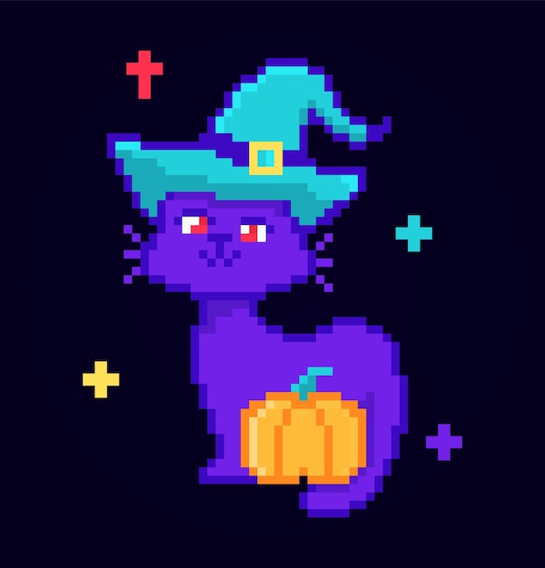 Carta di gatto carino felice halloween pixel art