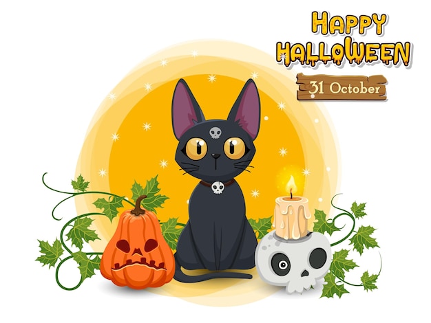 Vector happy halloween-pompoen, kat, schedel, kaars. concept cartoon halloween dag elementen. vector clipart illustratie