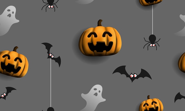 Happy Halloween pompoen spin vleermuis geest spook op grijze naadloze patroon achtergrond ontwerp vector