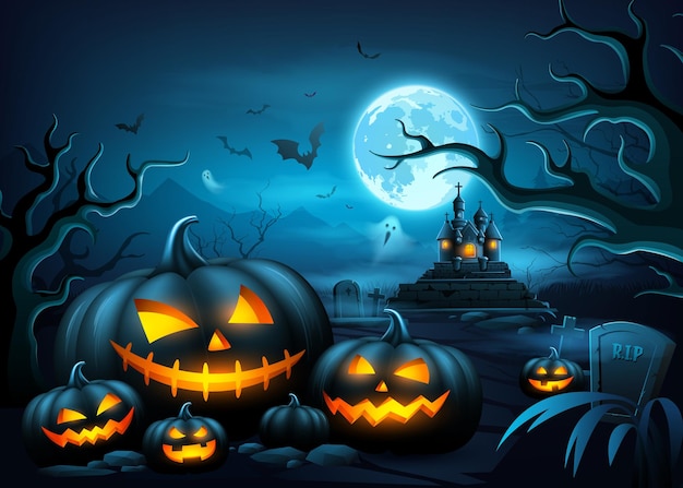 Happy Halloween-pompoenen glimlachend en eng gezicht boom eng kasteel vleermuis vliegende spook posterontwerp