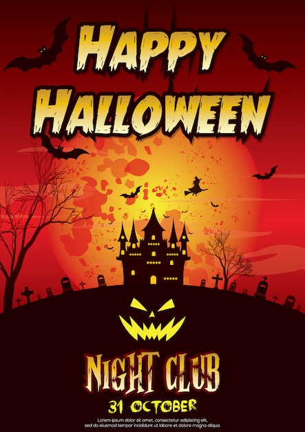 Вектор Счастливый плакат и приглашение на хэллоуин с дизайном замка ведьмы. ночь ужаса. октября