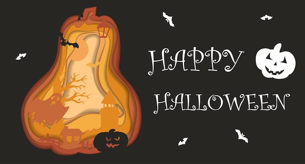 Happy halloween poster design modello vettoriale con simboli in stile taglio carta invito alla festa