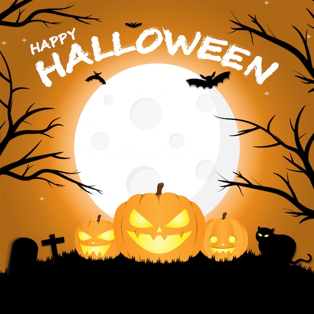 Happy halloween poster pumpkin and full moon background