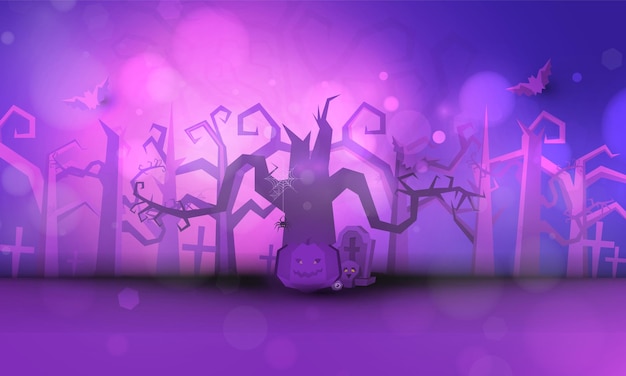 Happy Halloween poster van pompoen op kerkhof Boom donker paarse nacht en grafsteen skelet schedel Halloween vakantie groet bokeh kaart vector ontwerp