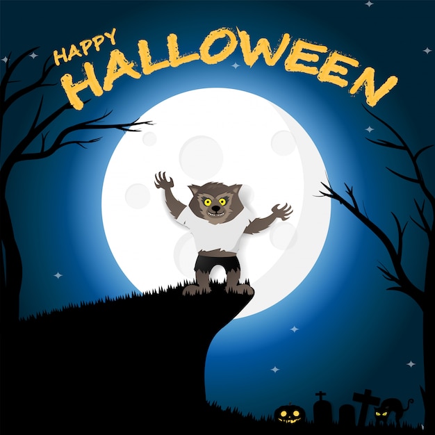 Happy halloween poster werewolf and full moon background