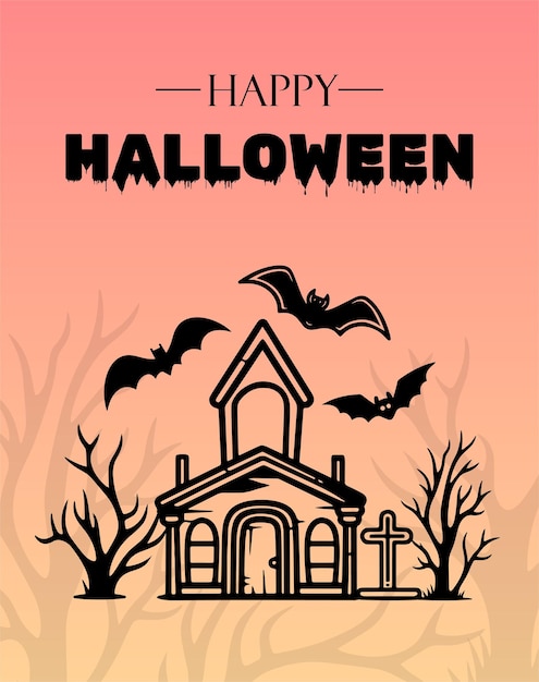 Happy Halloween poster with castle bat tree Vector monochrome illustration Place for text Brochure frame