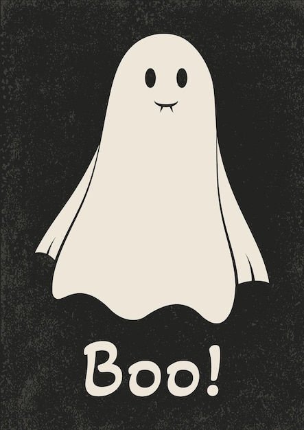 Happy Halloween poster with funny ghost illustration Ghost on black background with Boo text