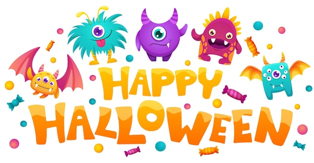 Happy Halloween poster with little cute monsters for kids party Vector cartoon illustration