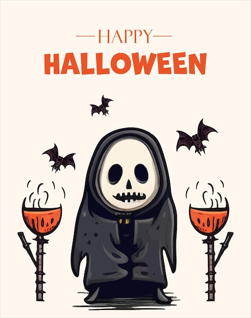 Happy Halloween poster with pumpkin ghost scull spiderweb Vector illustration Place for text Brochure frame