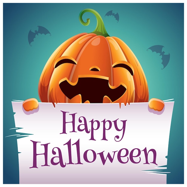 Happy Halloween poster with smiling pumpkin with parchment on dark blue background Happy Halloween party