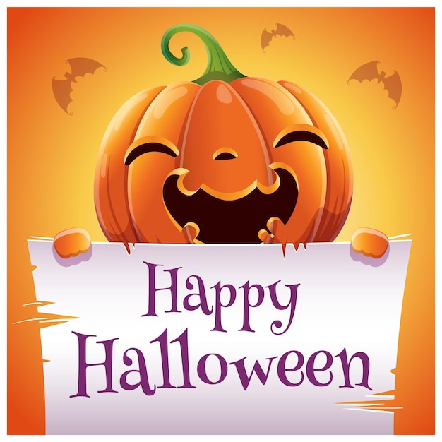 Happy halloween poster with smiling pumpkin with parchment on orange background. happy halloween party. for posters, banners, flyers, invitations, postcards.