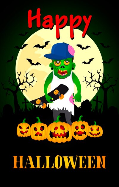 Happy Halloween poster with zombie boy Halloween greeting card