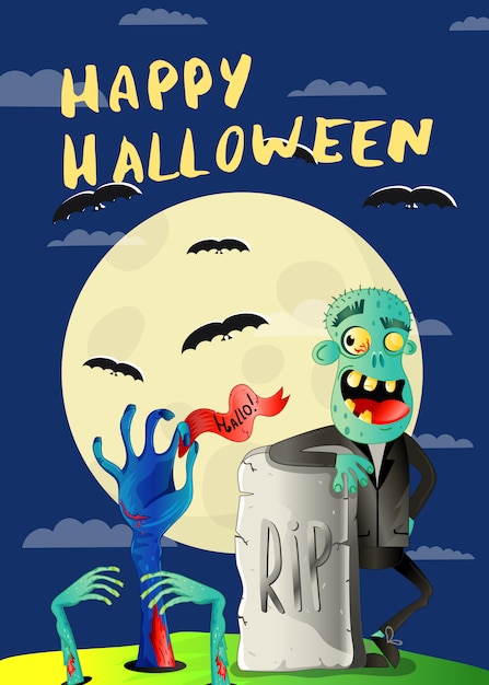 Vector happy halloween poster with zombie in cemetery