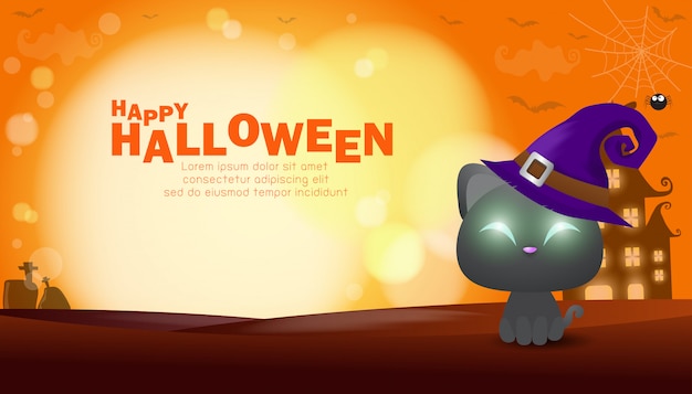 Happy halloween poster, zwarte kat onder het maanlicht,